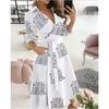 Women Summer Dress Long Sleeve V Neck Lace Up Printed Wrap Skirt Fashion Clothing