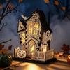 Immersive Lighted Holiday Figurine 3D Halloween Village Haunted House Figurine, Spooky Light Up Wooden Castle Ornament Festival Interior Furnishing