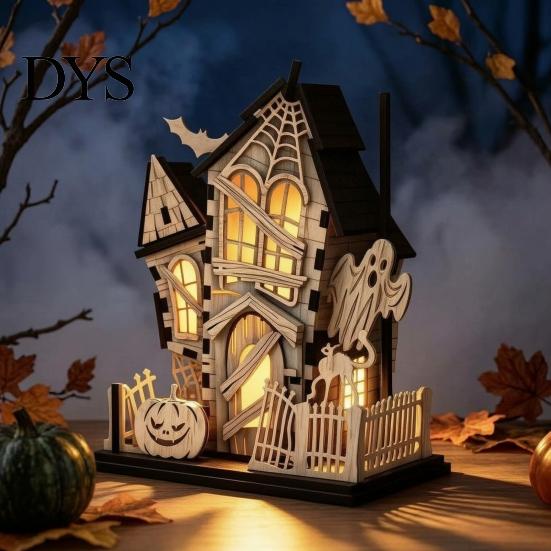 Immersive Lighted Holiday Figurine 3D Halloween Village Haunted House Figurine, Spooky Light Up Wooden Castle Ornament Festival Interior Furnishing