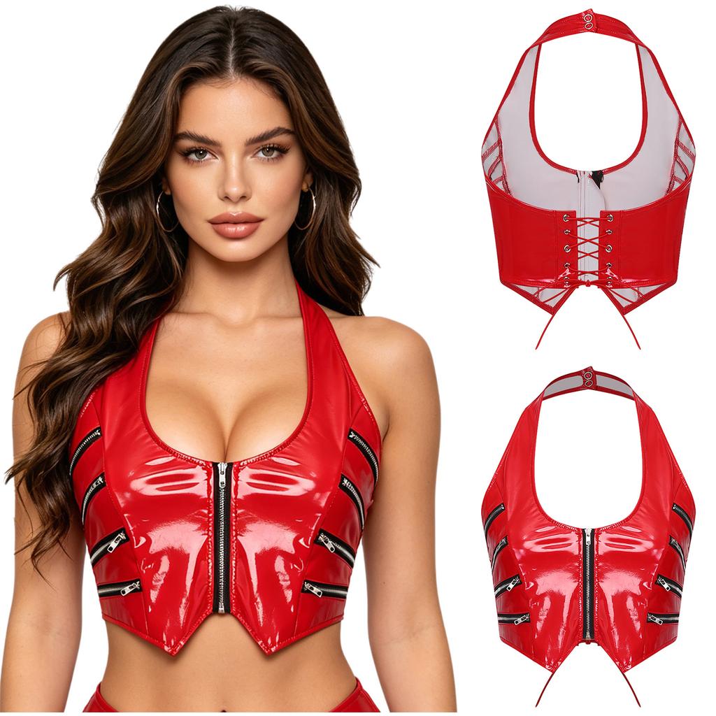 Ladies Y2k Glossy PU Mini Corset Top Halter Neck V Cut Front Zip Back Lace Up Sleeveless Crop Vest for Nightclub Party