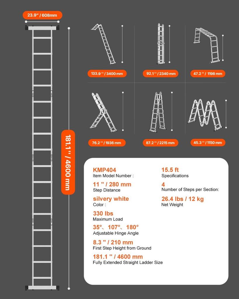 Multi-Purpose Folding Ladder 7-in-1 4 Step 15.5ft Reach Height for Work