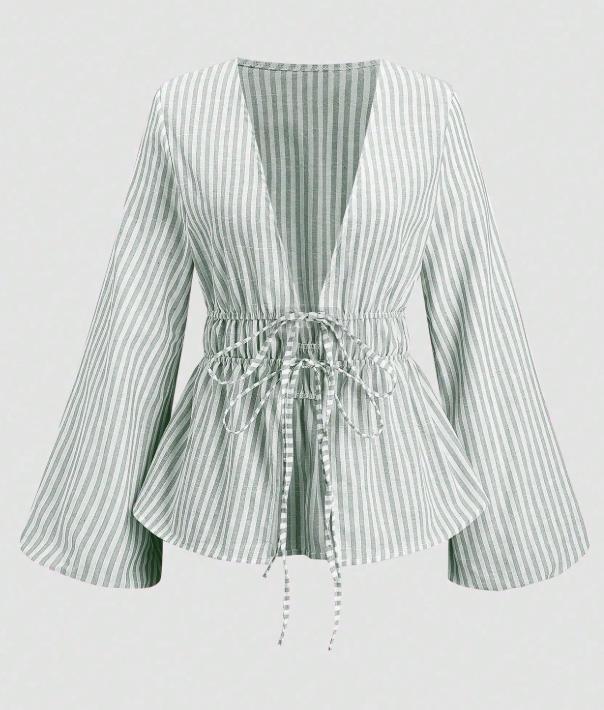 

2025 Autumn Women s European Style Striped Long Sleeve Tie-Up Cardigan Shirt Extra Small
