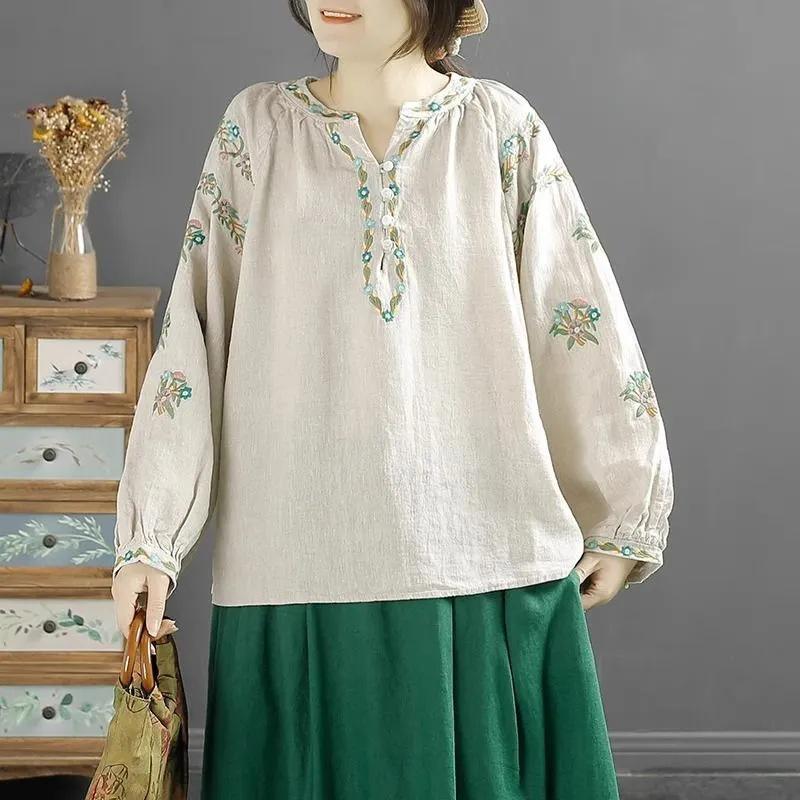Damen Retro Bestickte V-Ausschnitt Baumwolle Leinen Bluse