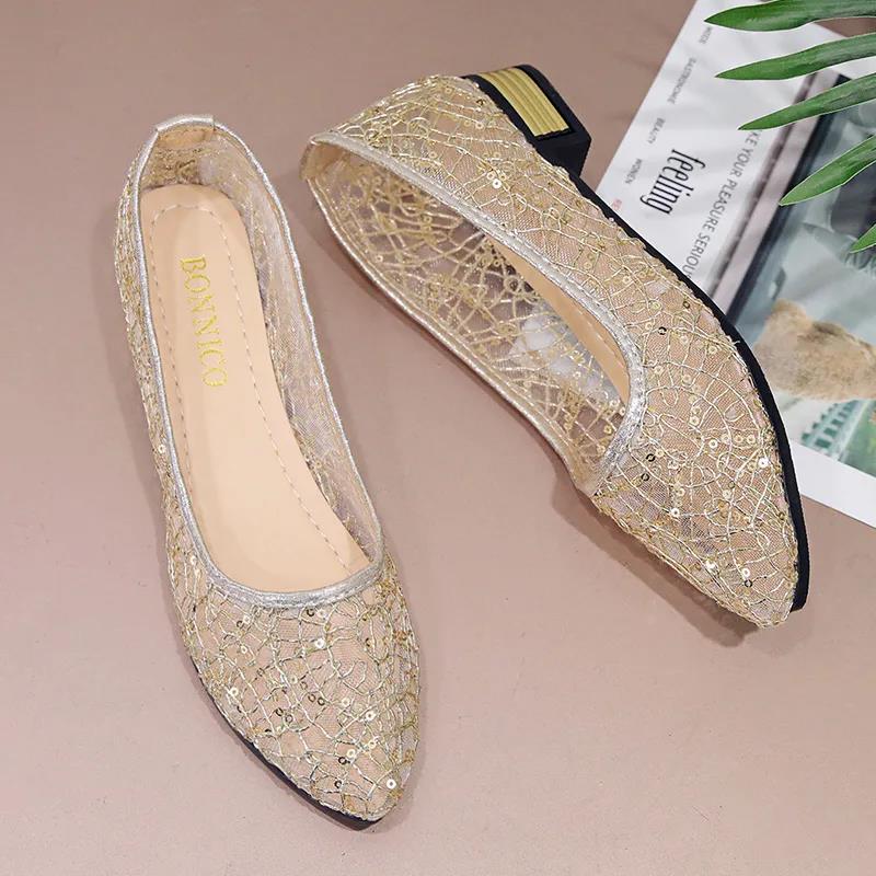 Women's Spring Summer All-match Mesh Sandals Plus Size Solid Color Thick Heel Flat Lace Shoes