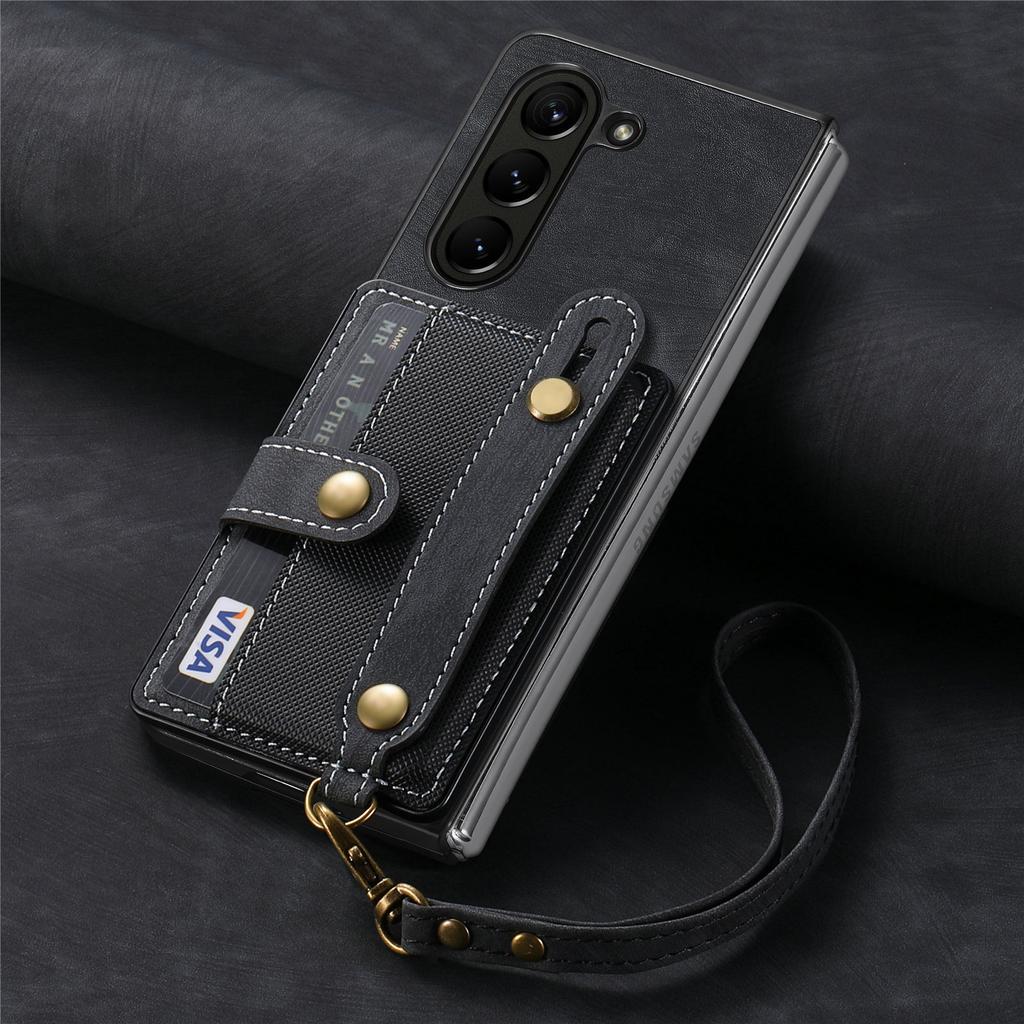 PU Leather Phone Case for Samsung Galaxy Z Fold 7 6 5 4 3 Zfold7 Zfold6 Card Storage Wallet Protective Cover with Lanyard XL003