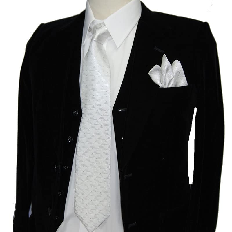 [Michiko London] Tie & Pocket Square Set, Silver Silk Tie, Made in Japan, for Weddings (04, free)