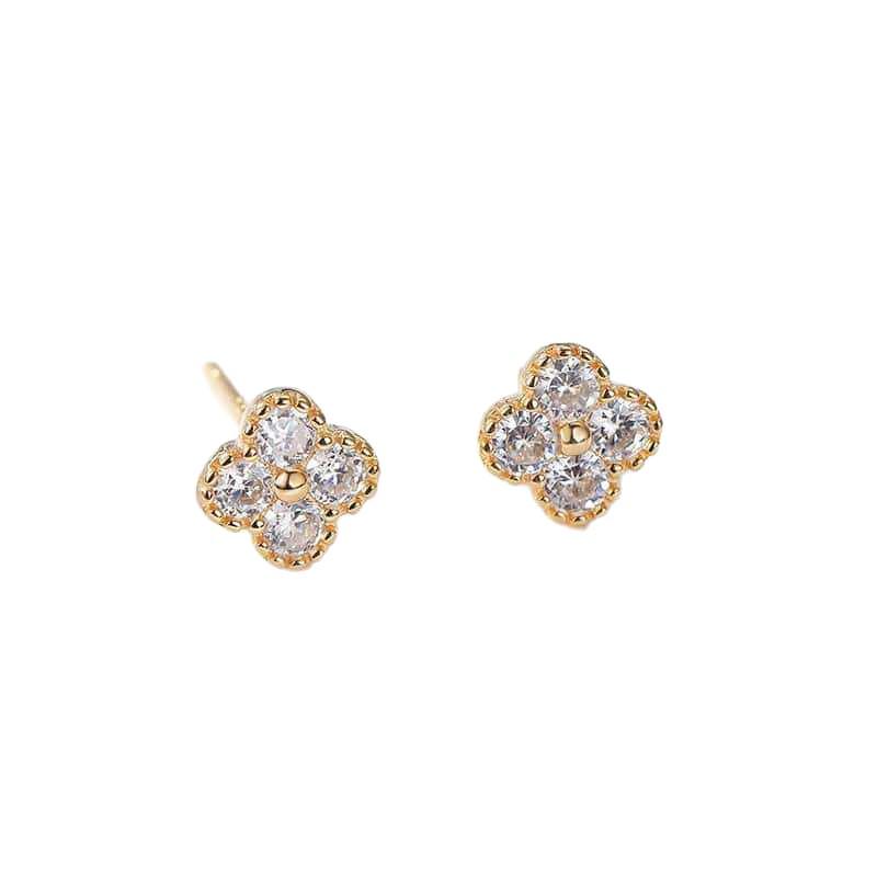 Korean Style Four-Leaf Clover Zircon Stud Earrings in S925 Sterling Silver & 18K Gold