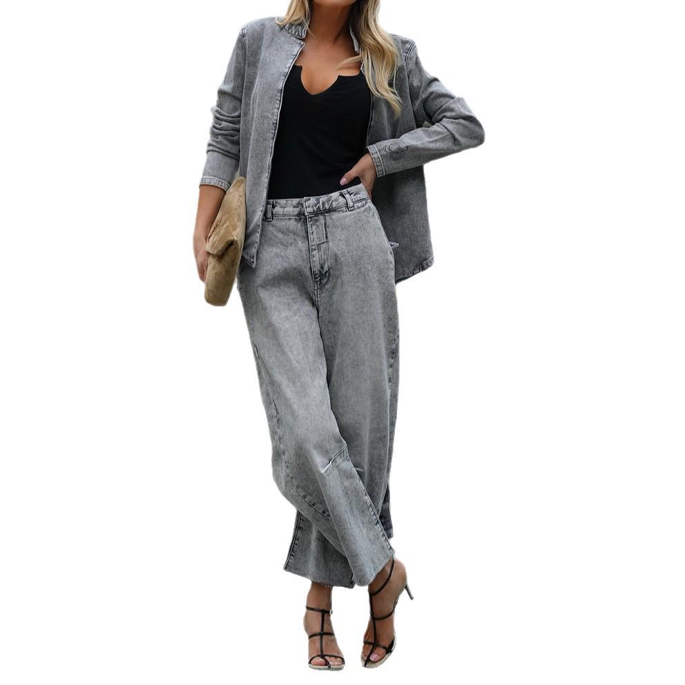 Women's Trendy Street Fashion Slim Fit Denim Suit Jacket Set