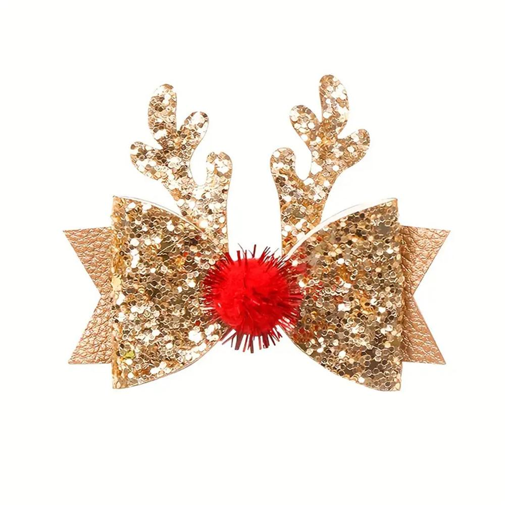 4pcs Children's Christmas Antler Hair Clip Glitter Elk Bow Hair Accessories For Girls Princess Pompom Party Hairpins Ideal Gifts