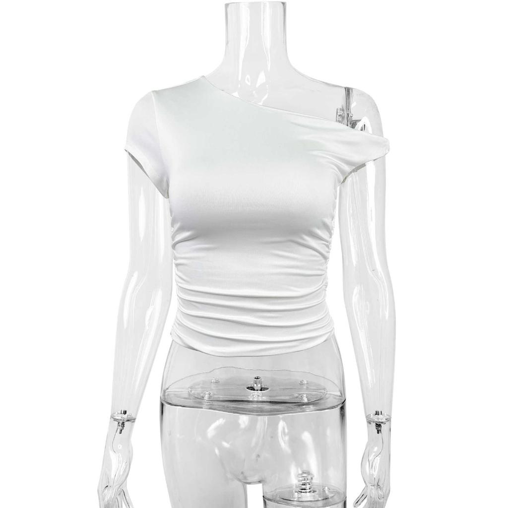 European and American Style Summer New Slanted Shoulder Collar Sexy Top Hot-selling Thin Pleated Exposed Navel Spice Girl Women's Clothing