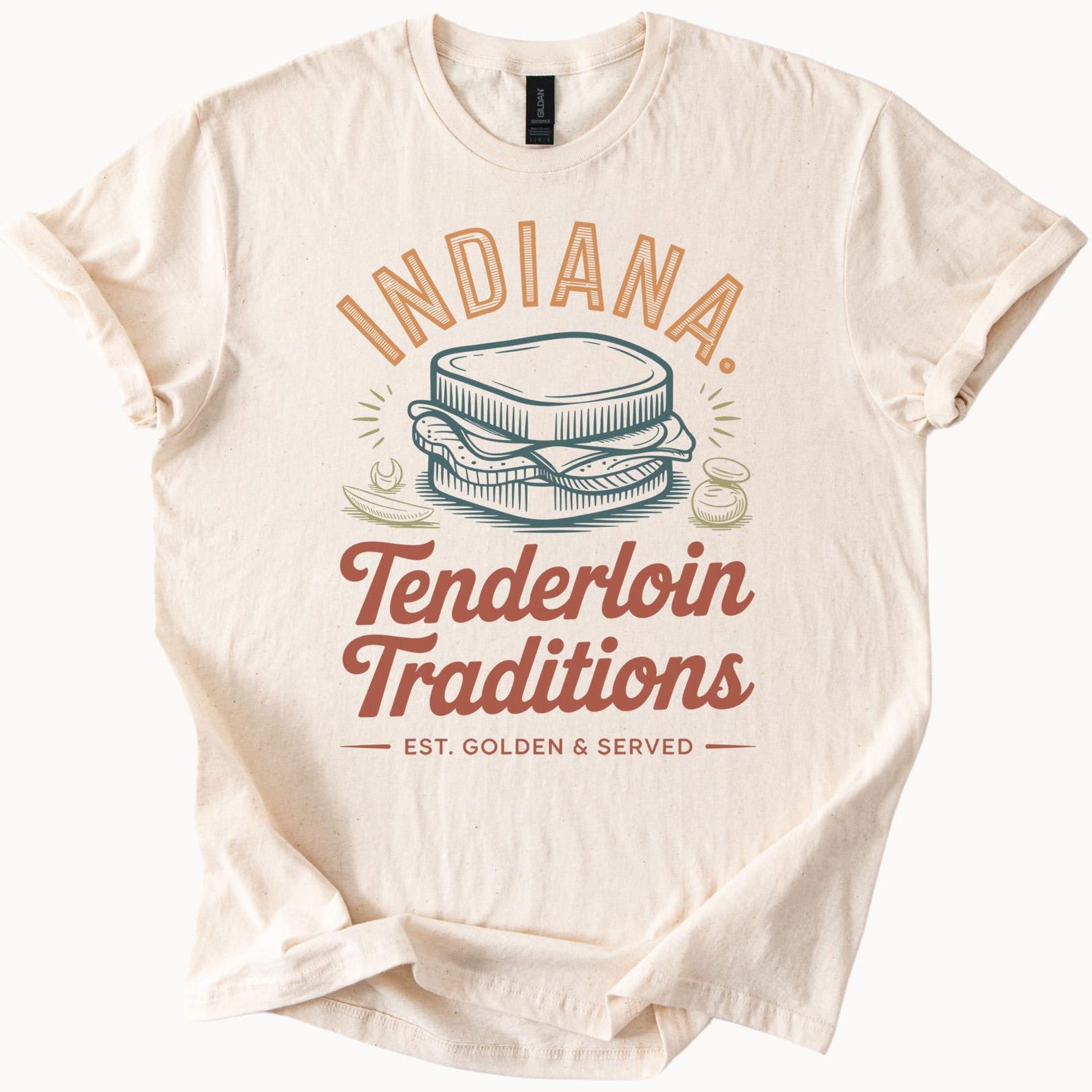 Indiana Tenderloin Traditions Graphic T Shirt Sandwich Foodie Midwest Comfort Food Tee Indiana State Pride Apparel Golden Breaded 100