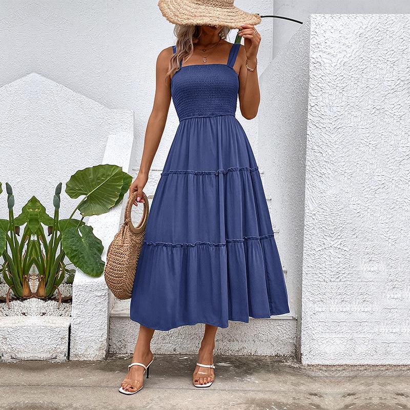 Summer Women Solid Color Strap Dress Sexy Long Ruffled