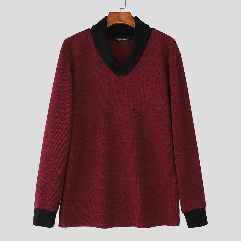 INCERUN Spring Autumn Men Long Sleeve Stitching Casual Loose Knitted Pullovers Tops