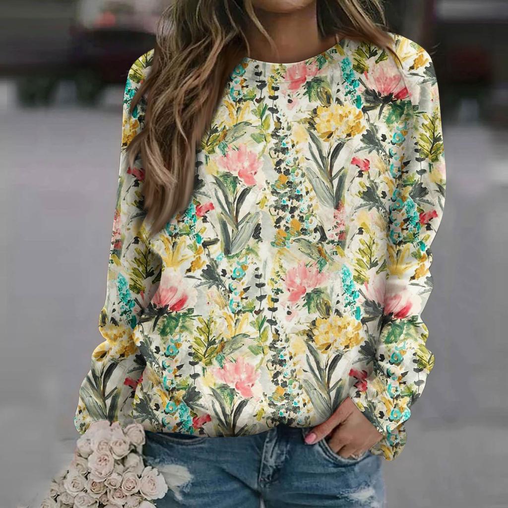 Damen Casual Fashion Print Langarm O-Ausschnitt Pullover Top Bluse