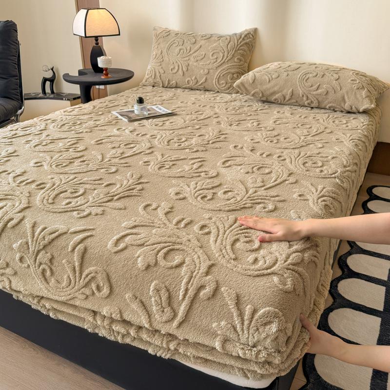 1PCS Plush Embossed Fitted Sheet Thick Warm Bedding for Autumn Winter Soft Comfortable Fabric Deep Pocket Design for Queen King Single  No Pillowcases
