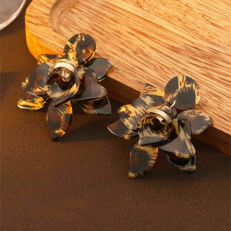 Leopard Print Flower Earrings, High Sense Retro Exaggerated Temperament Earrings, Fashionable Versatile Color Printing Earrings