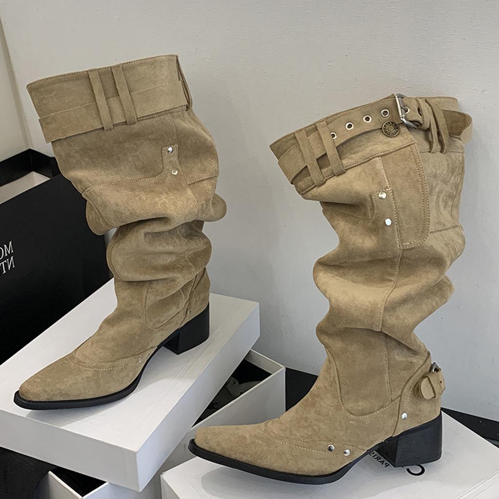 Fashion Eilyken Autumn Winter Design Pleated Pointed Toe Buckle Strap Women Knee-High Boots Fashion Low Heels Shoes Long Botas De Mujer