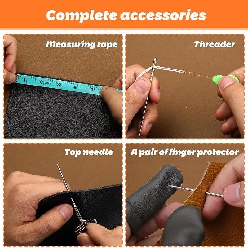 BUDDUR Zestaw Narzędzi do Szycia Skóry z Woskowanymi Niciami i Nakładkami na Palce Zestaw Akcesoriów do Ręcznego Szycia DIY Rękodzieło