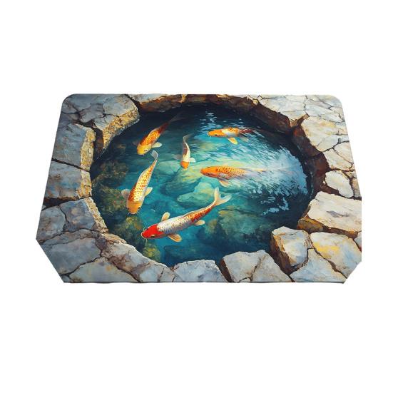 3D Optical Illusion Rug Realistic Fish Pond Area Rug Washable Goldfish Pond Doormat Non-Slip Floor Mat for Kids Playroom Living Room Bedroom Entrance