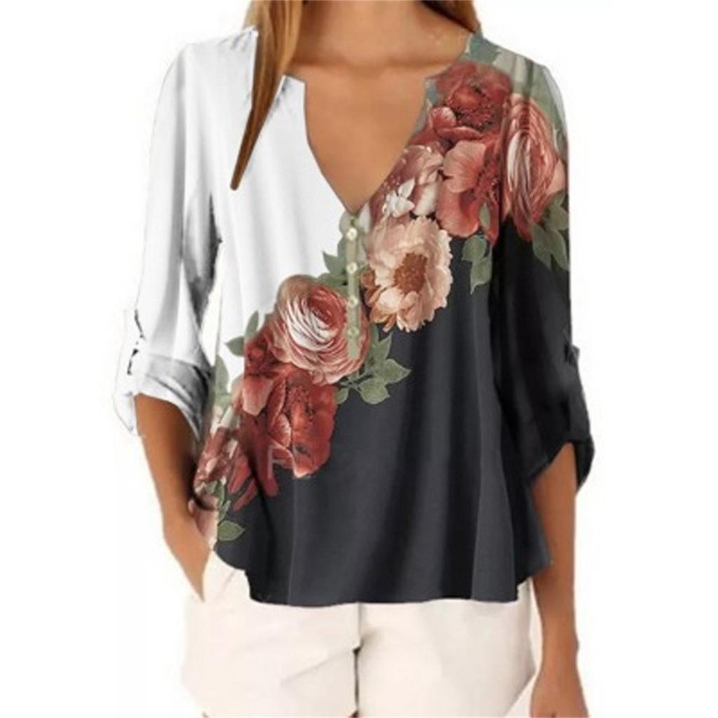 Women Casual Tops Shirt Ladies V Neck Floral Print Loose T-shirt Blouse Tee Top