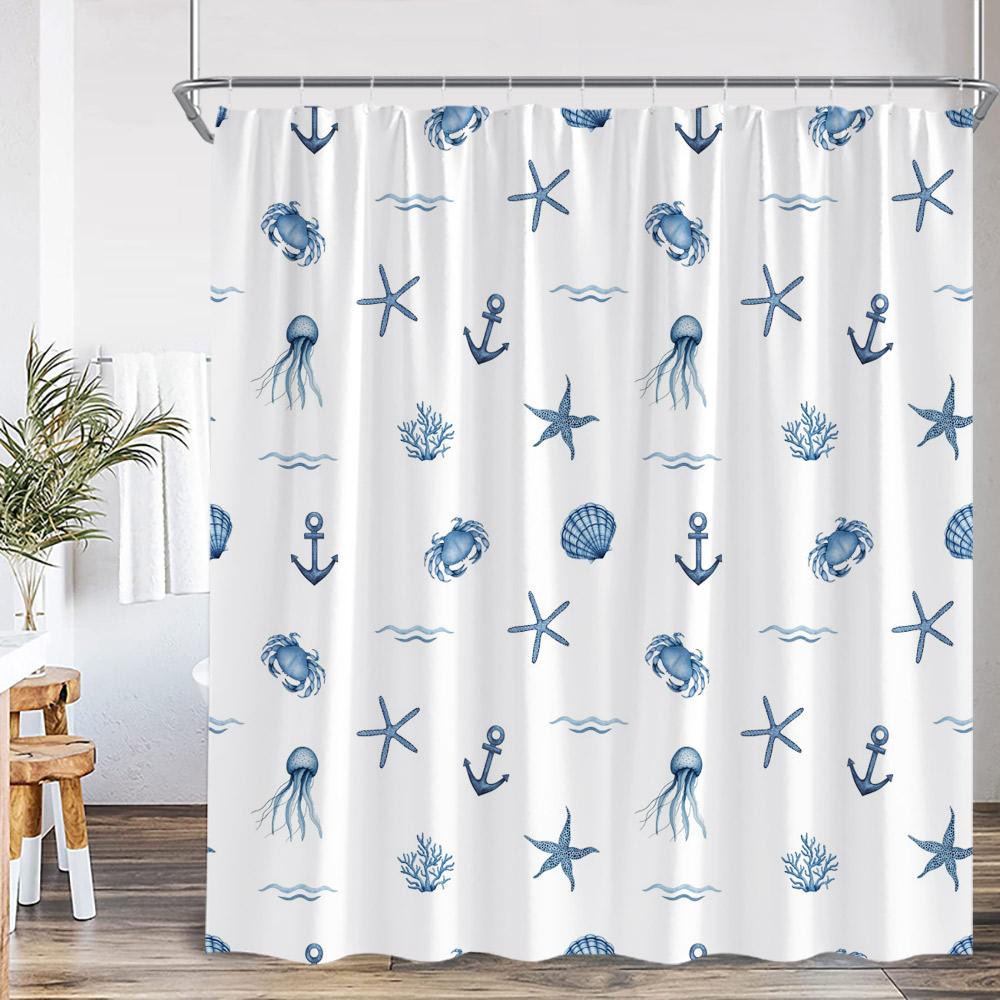Nautical Marine Life Shower Curtain Anchor Sea Turtle Seastar Octopus Seashell Coral Ocean Summer Bathroom Curtain Decoration