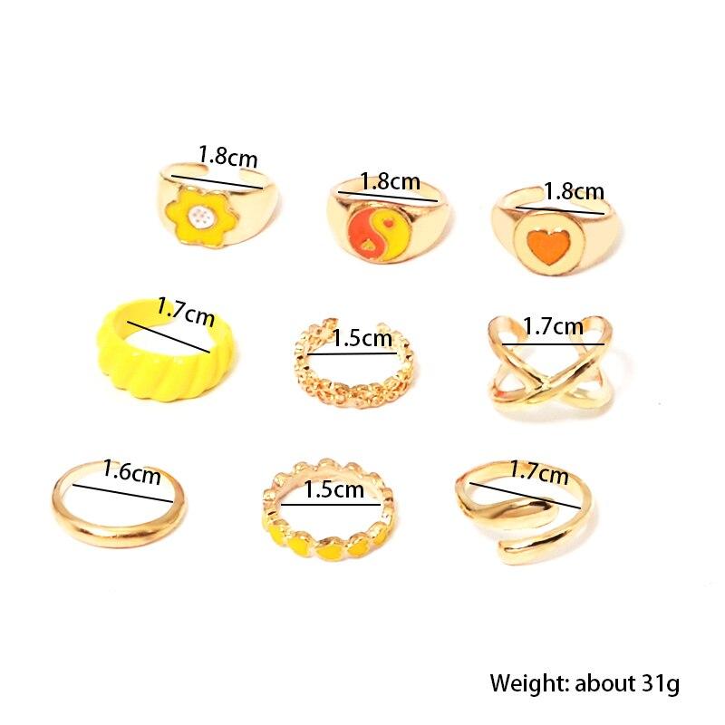 9pcs Gold-color Ring Set Women Fashion Trend Wind Open Finger Ring Yellow Department Zinc Alloy Jewelry