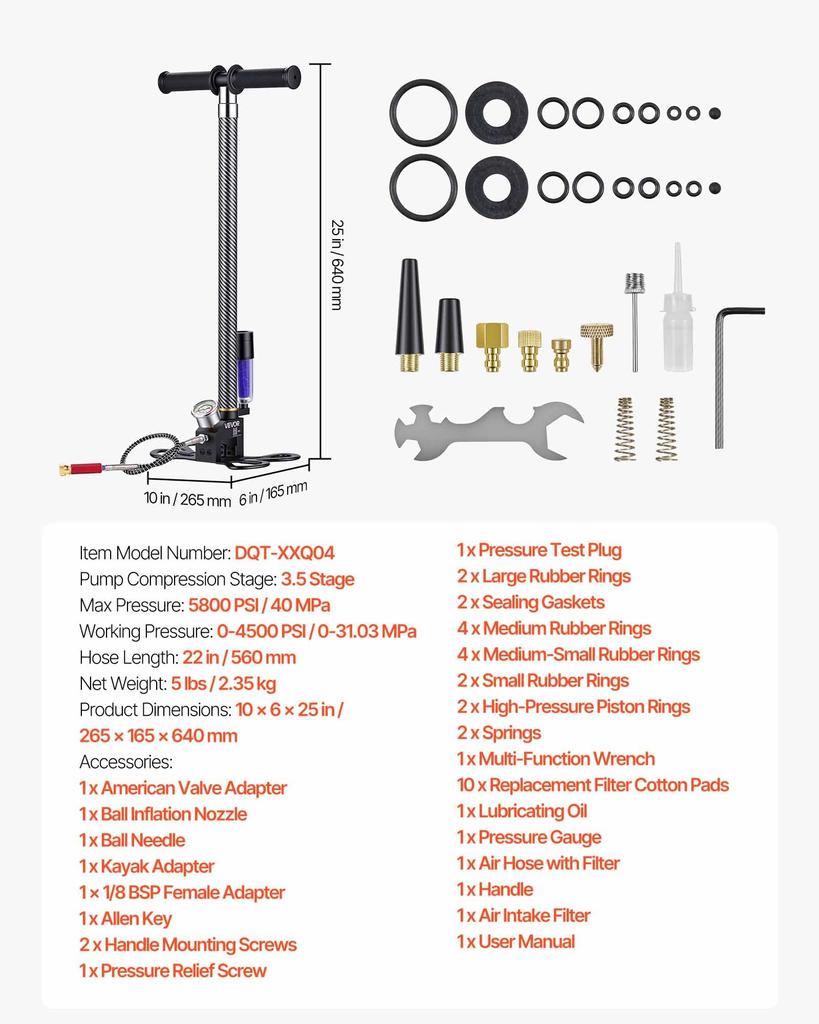 VEVOR PCP Hand Pump, 3.5 Stage, High Pressure Air Rifle Filling Stirrup Pump, 31.03 MPa 4500 PSI, with Oil-Moisture Filter, Pressure Gauge