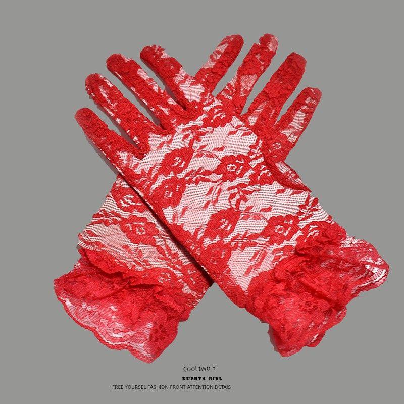 

Lolita Mesh Lace Gloves Short Lace Sexy Cutout Bride Black Fancy Retro Lo Niang Oversleeves Red Lace gloves One size