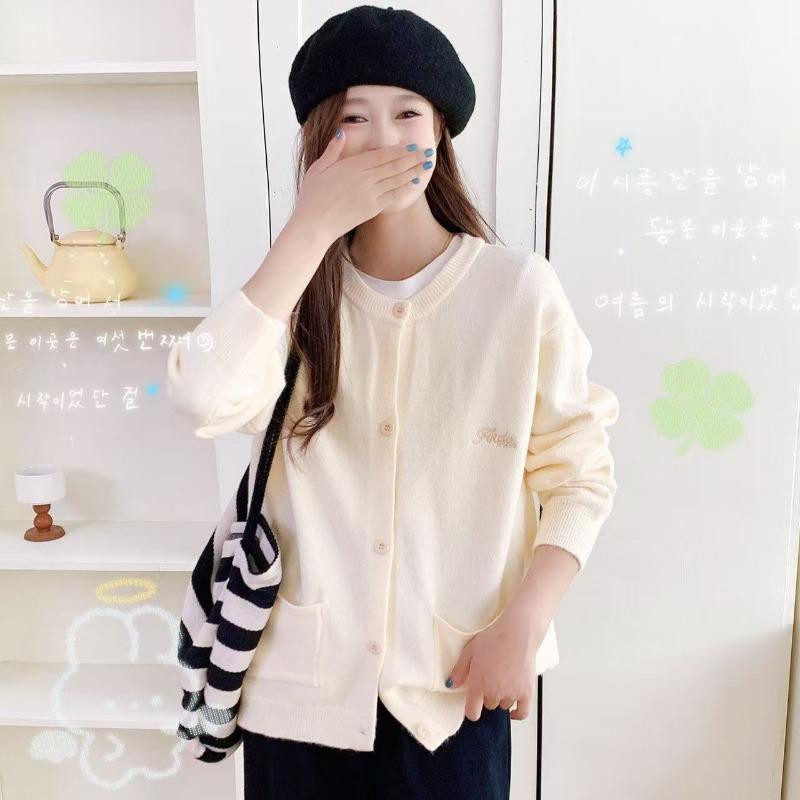 Autumn and Winter New Casual Loose Embroidered Crew Neck Cardigan Versatile Soft Waxy Single-breasted Sweater Women's Coat