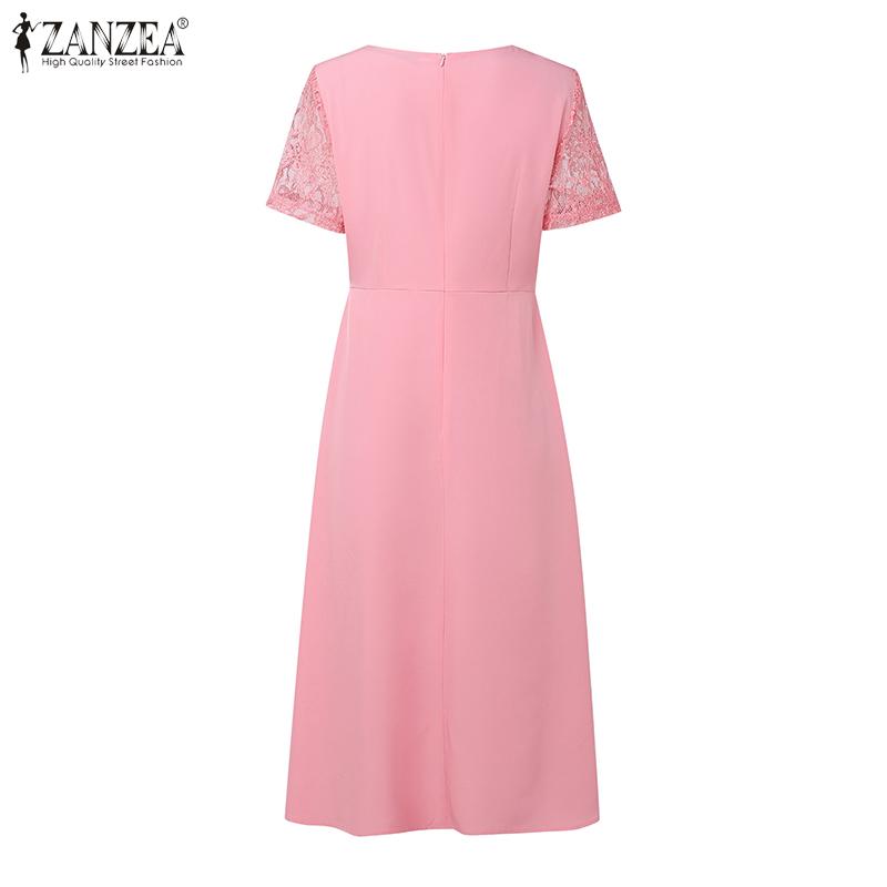ZANZEA Damen Lässig Rundhals Kurzarm Sommer Patchwork Spitzenkleid