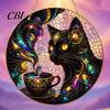 Stained Glass Cat Ornament Style Black And Magic Coffee Cup Hanging for Window Wall Decor, Acrylic Sun Catcher Art Decor with Lanyard Home Bedroom