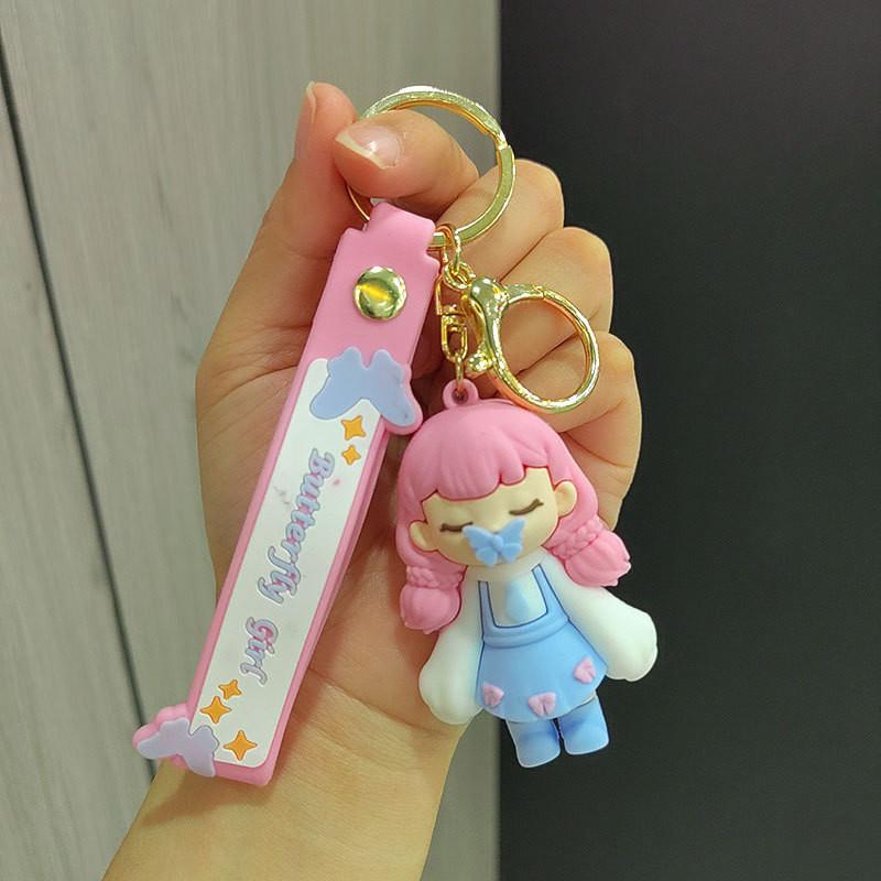 Adorable Cartoon Silicone Keychain Charming Butterfly Kiss Girl Design