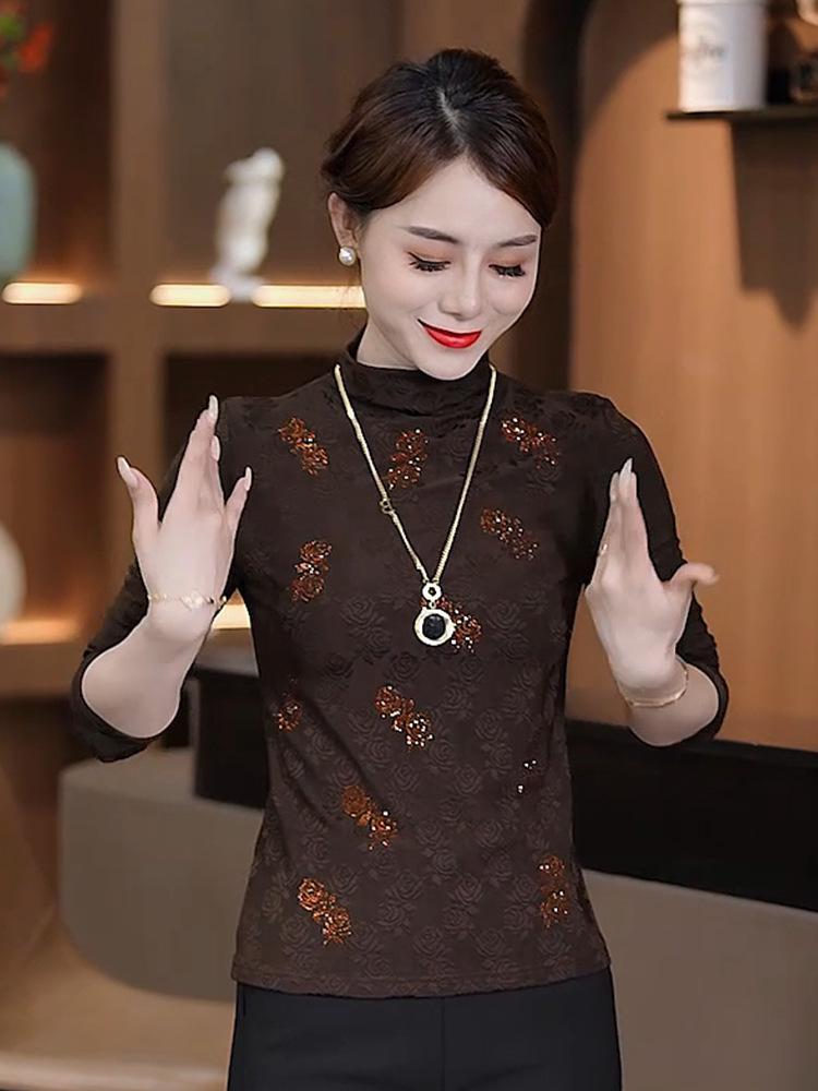 2024 Herbst/Winter Damenbluse mit halbhohem Kragen aus gestricktem, angerautem Stoff und Strassverzierungen