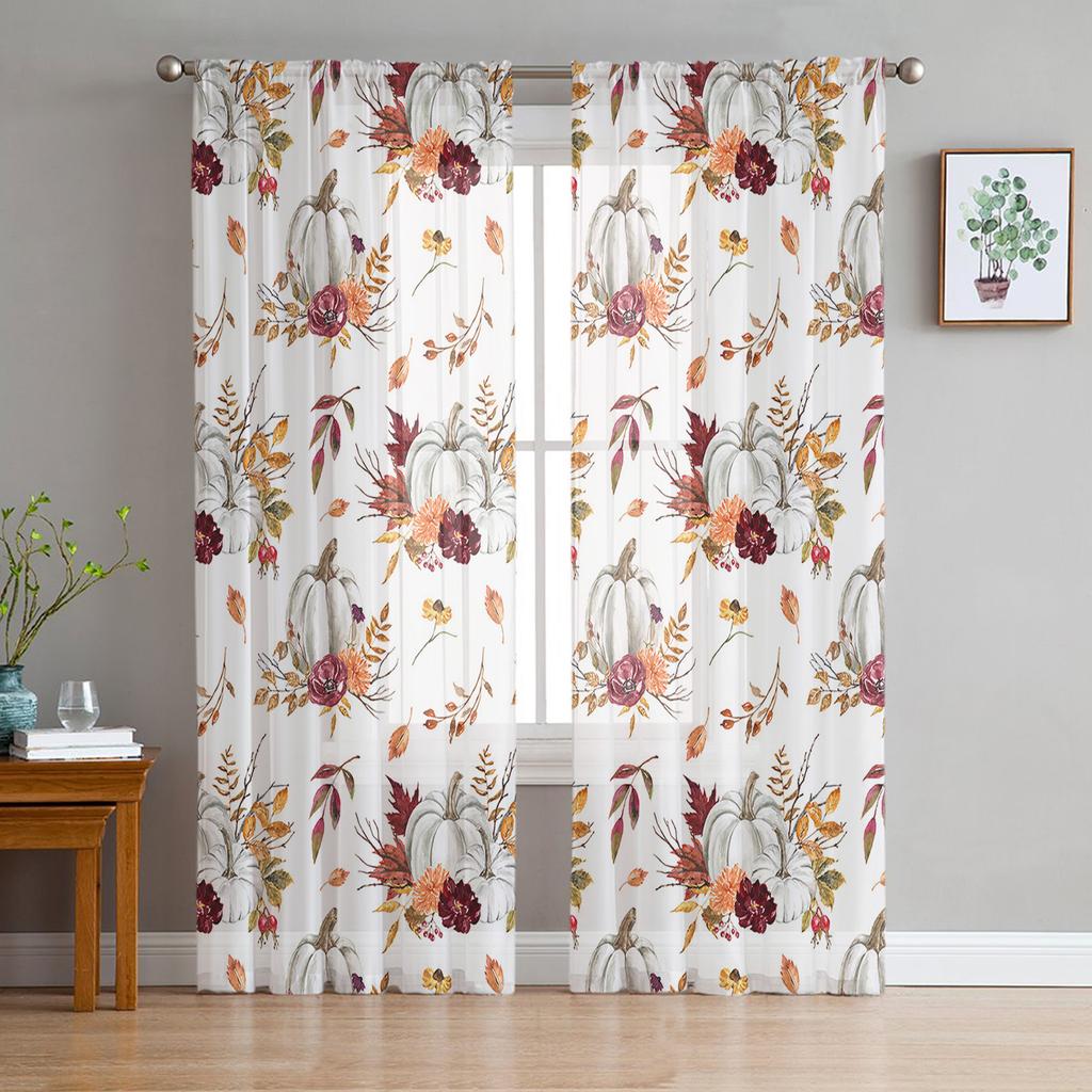 Thanksgiving Pumpkin Maple Leaf Sheer Drapes for Living Room Decoration Window Curtain Kitchen Curtain Panels