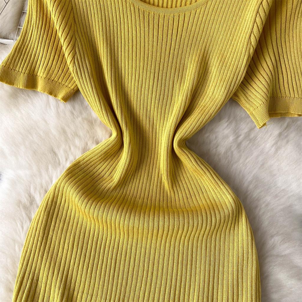 Suéter de punto de manga corta para mujer, vestido largo midi de malla con retazos, estilo dulce de verano