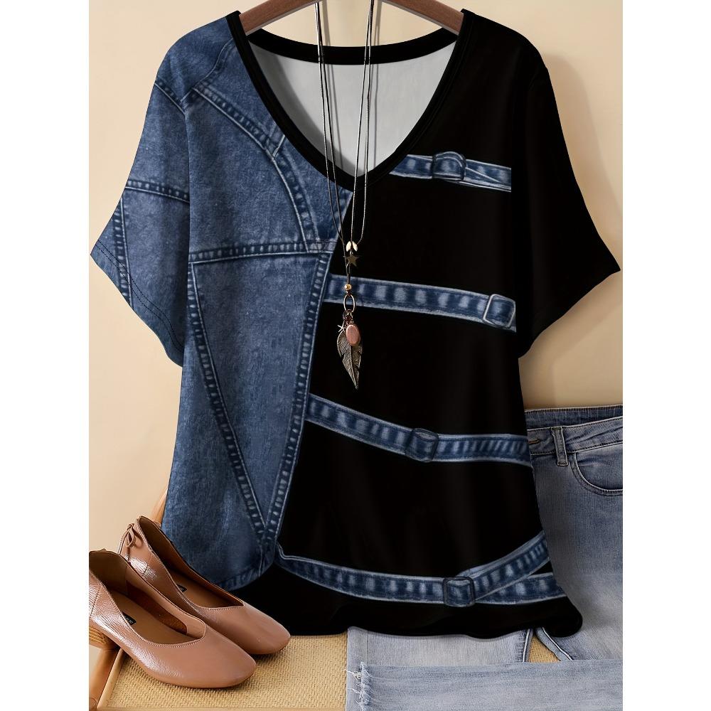 Summer Women Grid Stripe V Neck Casual Fashion Tops Comfortable Loose Short Sleeve Female T-shirt