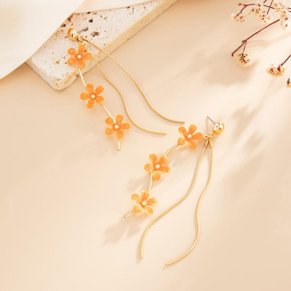 Sweet Pink Cherry Blossom Flower Long Tassel Drop Earrings for Women Gold Color Enamel Floral Dangle Earrings Vacation Jewelry
