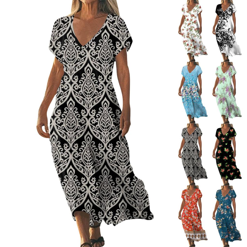 Sommerkleid Damen Langes Boho Strandkleid Elegantes Maxikleid V-Ausschnitt Kurzarm Sommer Tunikakleid Leicht Luftig