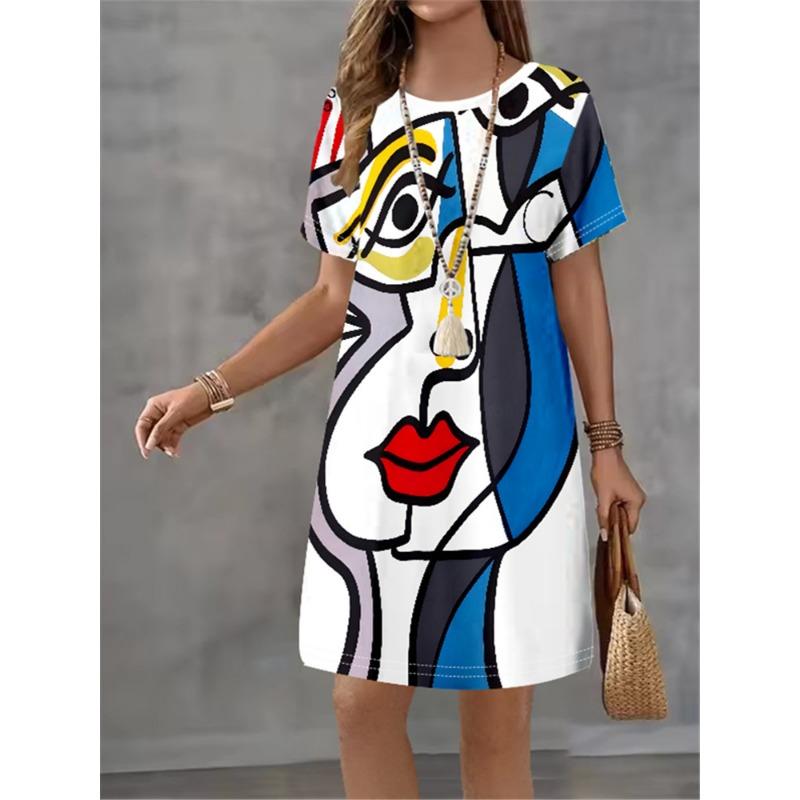 Colorful Geometric Patterns Women Short Dress Summer Fashion 3D Print Loose Mini Dress Casual Short Sleeve Ladies Party Dresses