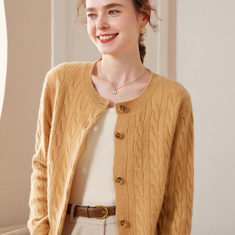 Women's 100% Pure Cashmere Round Neck Cable Knit Cardigan Sweater