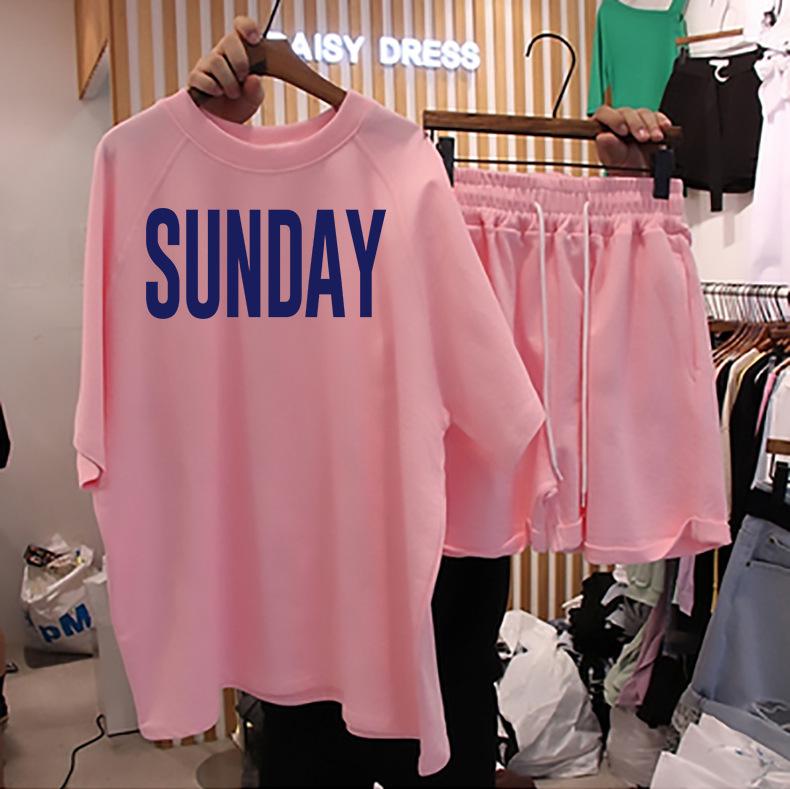 

Женский модный спортивный костюм из двух частей: Свободный комплект из футболки с короткими рукавами и шорт. L розовый