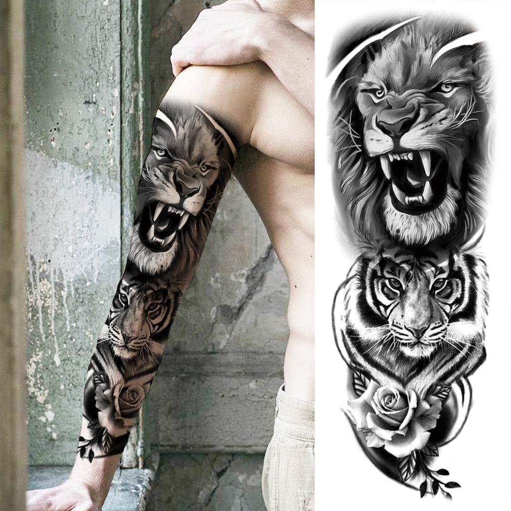 1 Sheet Long Sleeve Temporary Tattoos For Men Women Flower Skull Lion Wolf Tiger Nun Fox Compass Tattoo Sticker Body Art Arm Leg