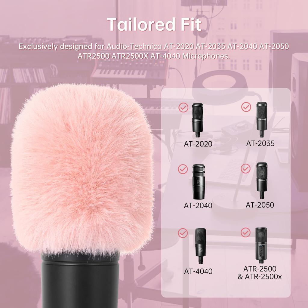 PhantAccy Pop Filter Wind Screen for Audio-Technica AT-2020 AT-2035 AT-2040 AT-2050 ATR2500 ATR2500X AT-4040 Microphones Pink Fur Noise Reduction