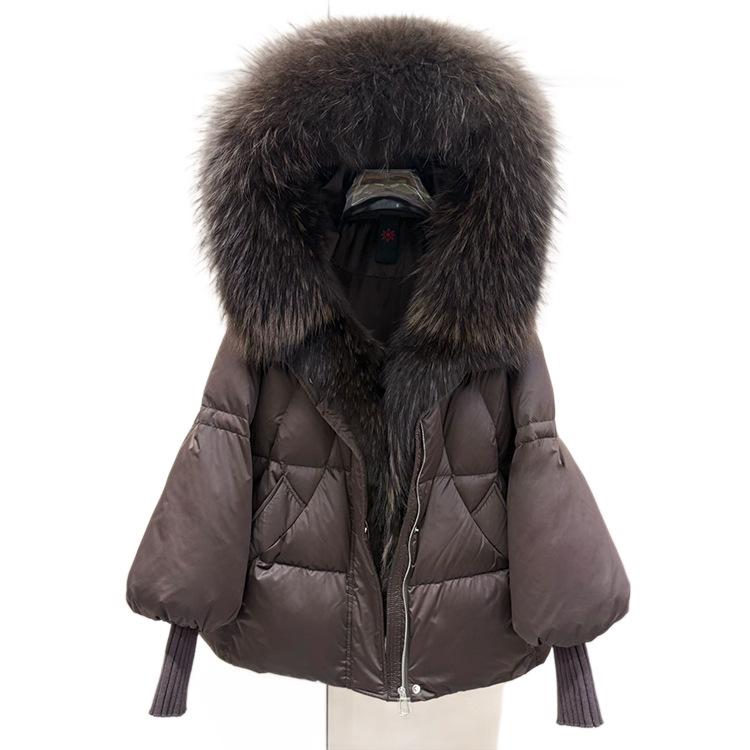 Winter New Raccoon Big Fur Collar Hooded Goose Down Jacket Women's Short Loose Thickened Knitted Sleeve Jacket