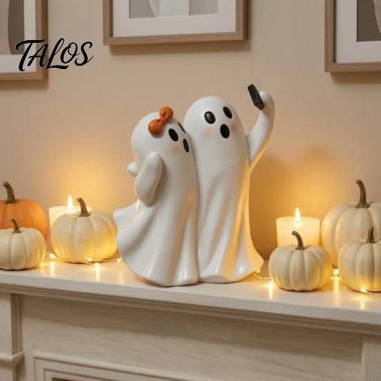 Small Aesthetic Shelf Decorations Cute Ghost Selfie Figurine, Ghosts Taking Phone Photo Resin Statue, Halloween Gift for Friends Tabletop Decor Mantel