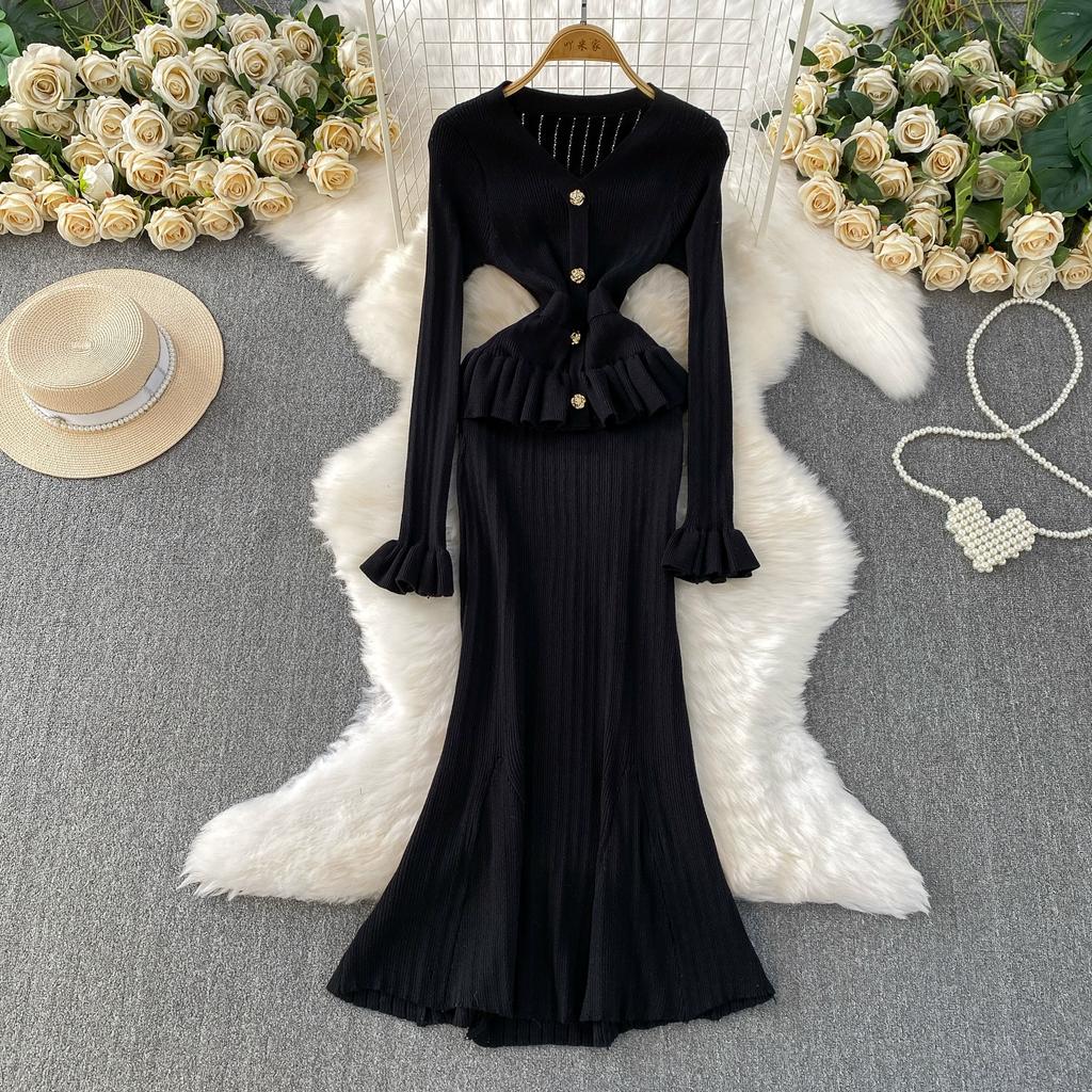 Autumn Winter Women Elegant V-neck Knitted Sweater Metal Button Christmas Party Long Midi Fishtail Dresses