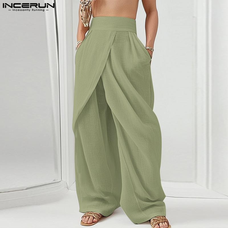 INCERUN Men Zip-Up High Waist Layers Long Trousers Casual Pants