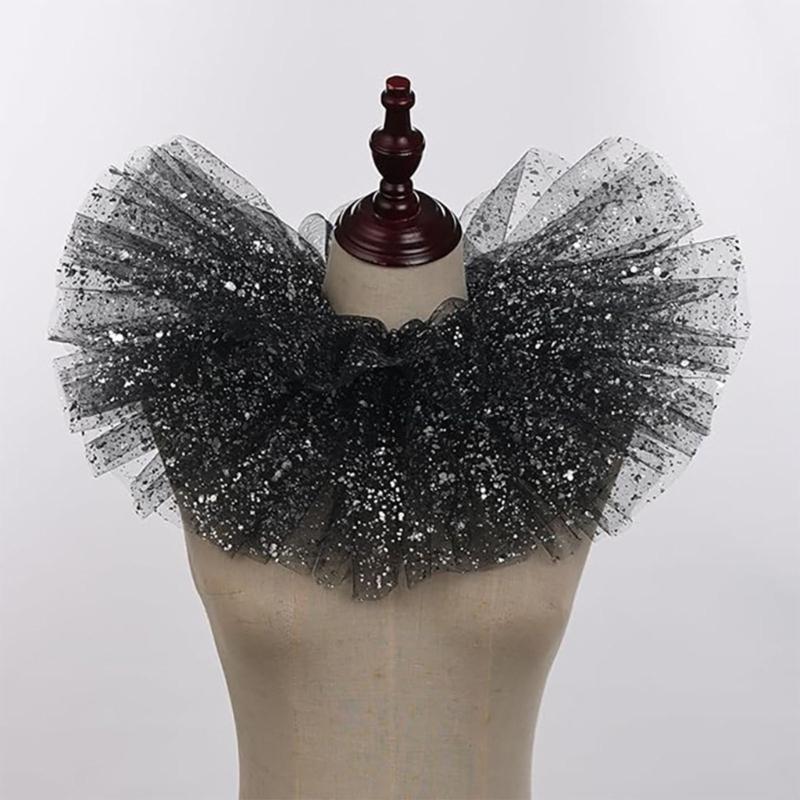 Elegant Victorian Metallic Foil Ruffled Tulle Faux Collar Shawl Detachable Layered Mesh Neck Ruff Clown Cosplay Choker