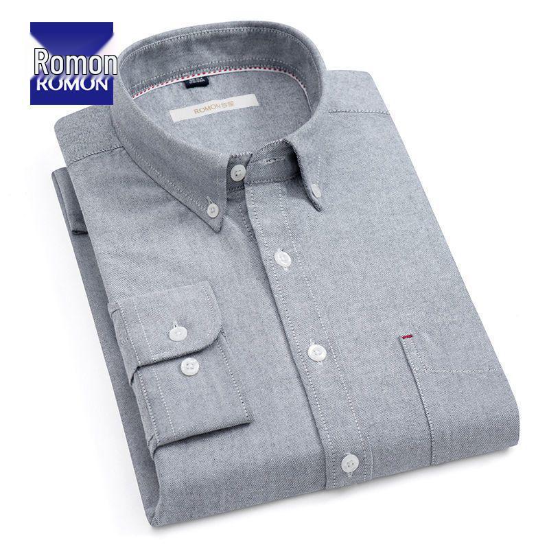 Romon Men's High-End Blue & White Cotton Oxford Long Sleeve Button-Down Shirt