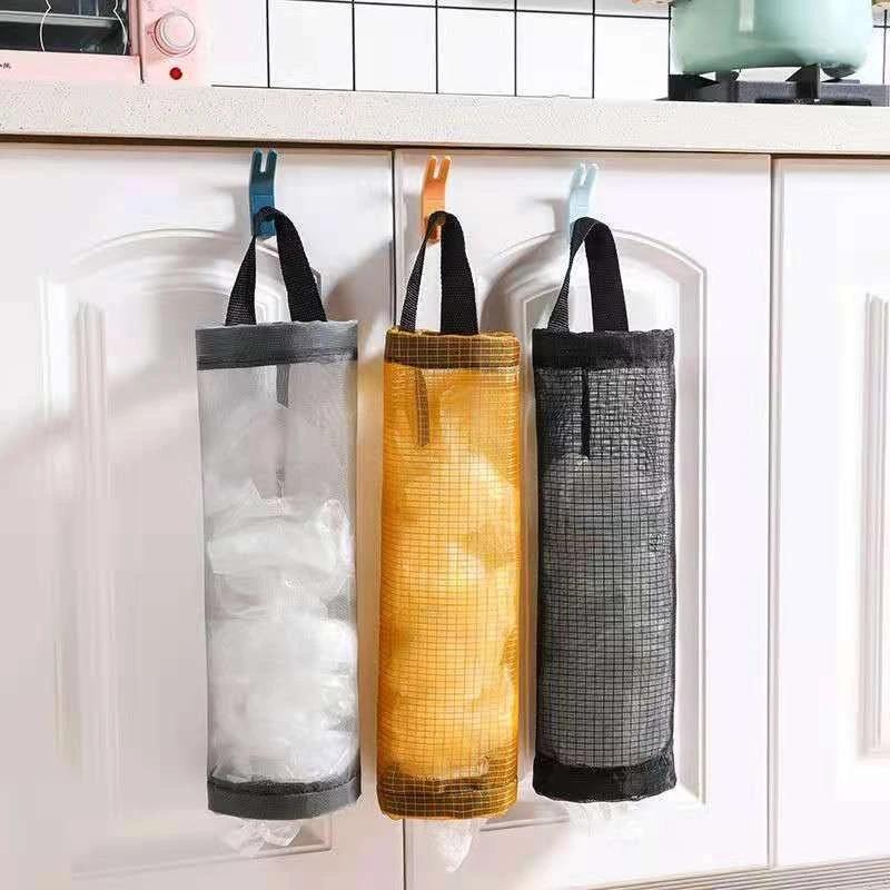 Kitchen Trash Bags Holder Mesh Dispenser Storage Bag Garbage Bags Foldable Hanging Mesh Garbage Bag Organizer For Home Kitchen Supplies